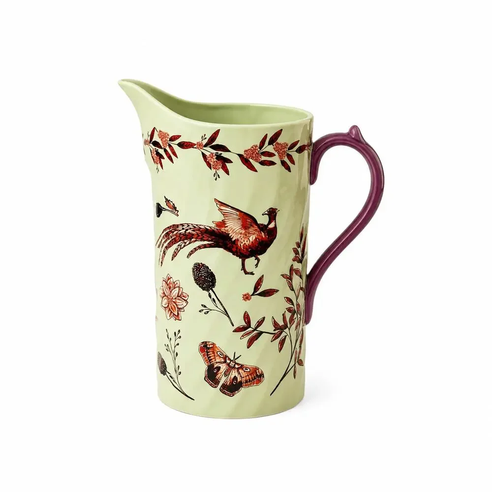 Anthropologie Elin Pitcher Handpainted Stoneware Pheasant Floral 18.5